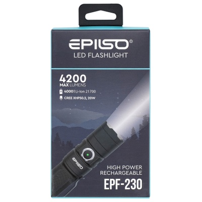Купить Фонарь EPILSO EPF-230, карманный, CREE XHP50.2 20W, 3.7V 4.0Ah, 5В (USB), металл, аккум.21700