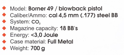 Купить Пневм. пистолет BORNER PM49 Blowback, к.4,5мм/.177, (до 3Дж)