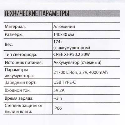 Купить Фонарь EPILSO EPF-230, карманный, CREE XHP50.2 20W, 3.7V 4.0Ah, 5В (USB), металл, аккум.21700