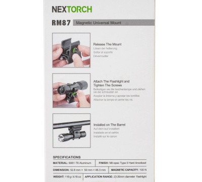 Купить Держатель RM87 подствольный магнитный для фонарей диаметр 23-26,5мм (регумируем.),алюмин.,черн.,118г