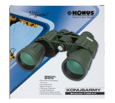 Купить Бинокль Konus ARMY 7x50, Porro-призмы, Bak-4, прорезиненный корпус, штативное гнездо, 970г
