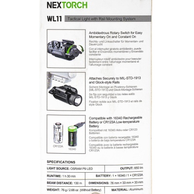 Купить Подствольный пистолетный фонарь Nextorch WL11 High-Output,650Im,USB,аккум.16340 650mAh