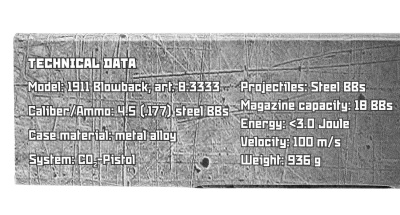 Купить Пневм. пистолет BORNER 1911 Blowback к.4,5мм/.177 (до 3Дж)